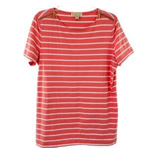 MICHAEL KORS Orange & White Striped Gold Zip Shoulder Short Sleeve Top L